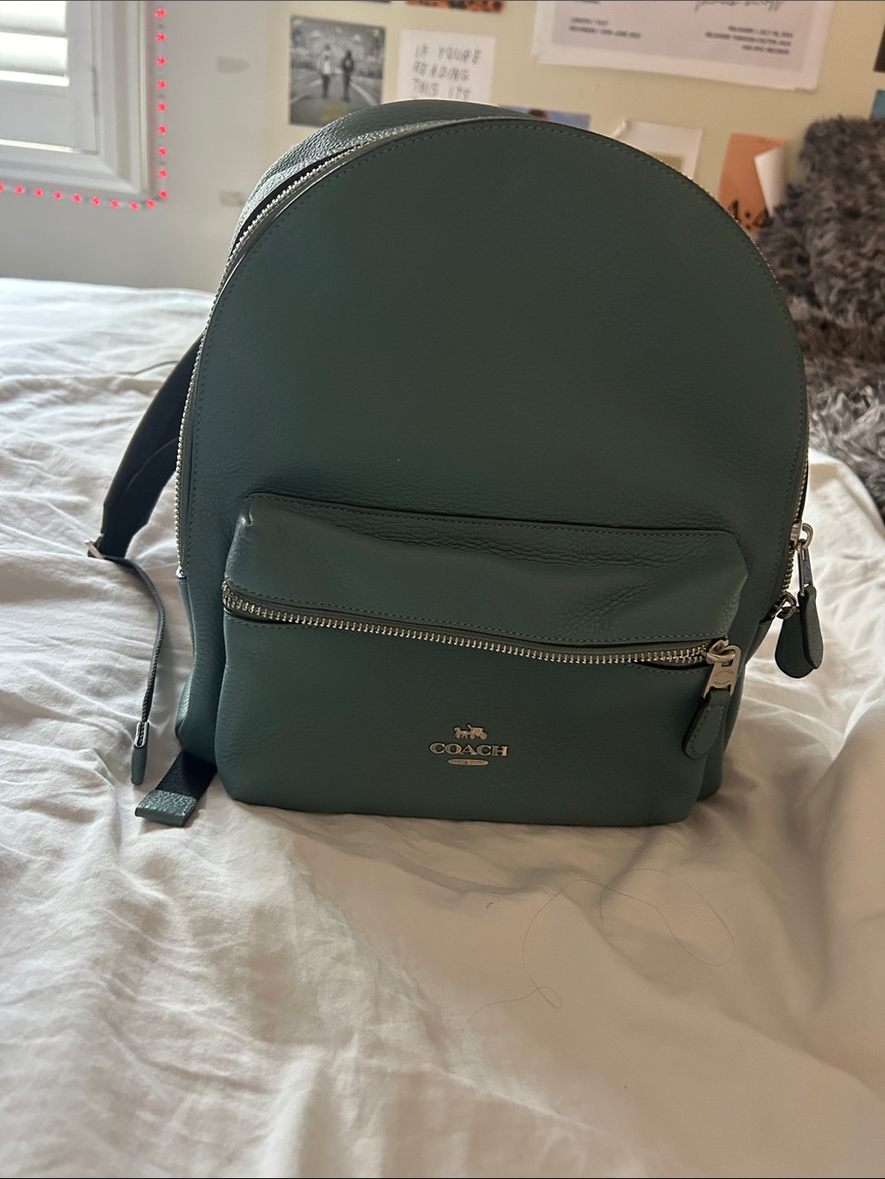 Coach Teal Green Leather Backpack with Silver Hardware